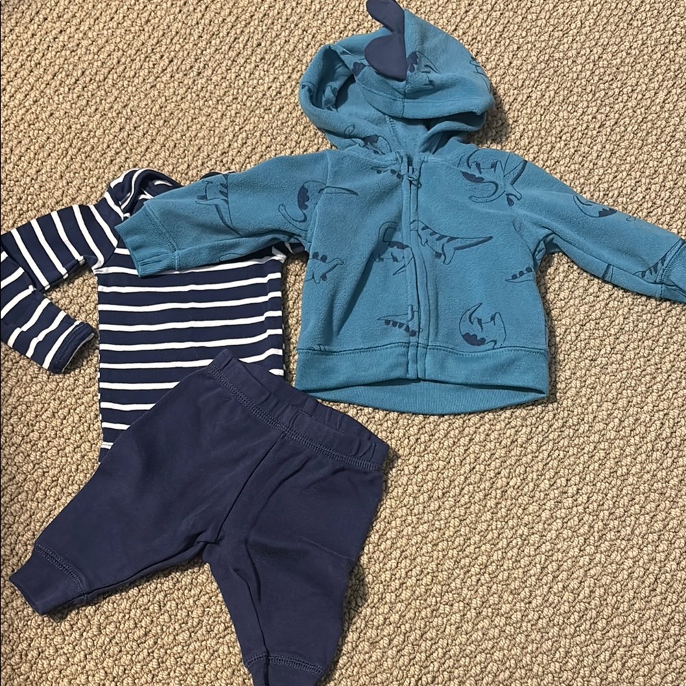Blue Dinosaur Hoodie and Striped Onesie Set